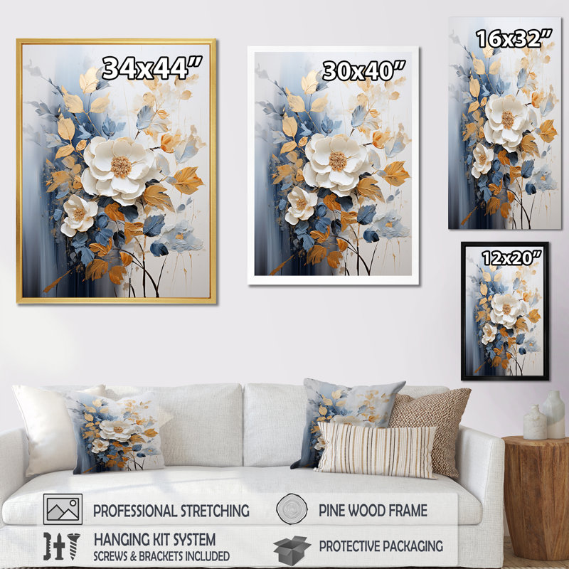 Impression sur toile dorée et blanche, H 44 po x l 34 po x P 1,5 po, Cadre flottant noir