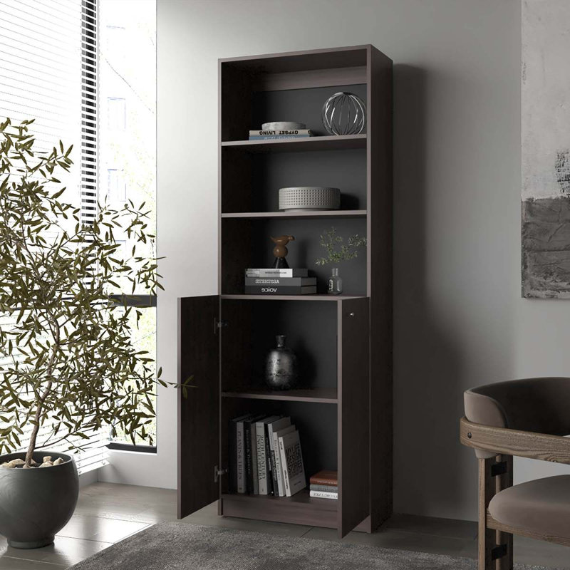 Stained Walnut Bookcase With Open Storage And 2 Doors, Walnut