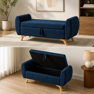 Banc de lit/entrée de 145 cm (57 po) en velours côtelé noir, avec rangement intégré et pieds en bois. Parfait pour la chambre ou le couloir.