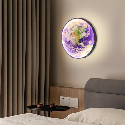 Modern 19.70" Earth Pattern LED Wall Sconce, Plug-in or Hardwired Round Art Light with 3 Color Temperatures
