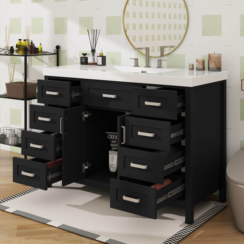 Meuble-lavabo de 48 pouces avec lavabo intégré de style lavabo simple avec 2 portes, 8 tiroirs et fonction de fermeture silencieuse