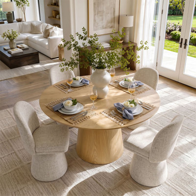 Ensemble de table de salle à manger pour 4 personnes avec table ronde en bois massif et 4 chaises pivotantes en tissu