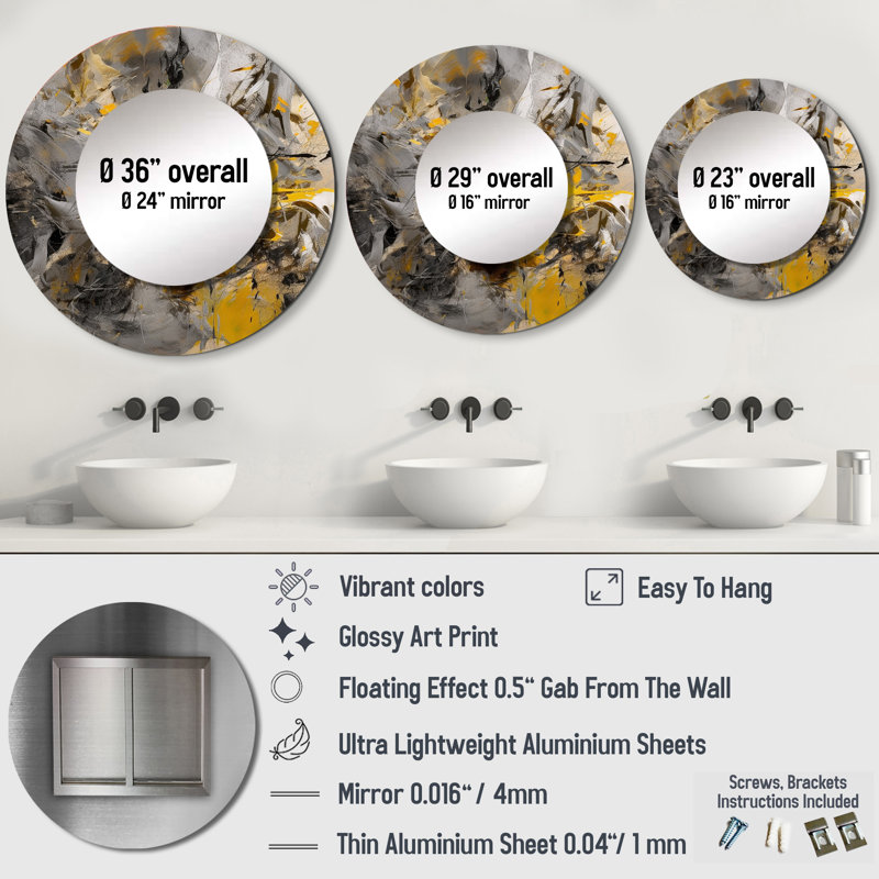 Saori Mustard Yellow And Vivid Gray III - Abstract Decorative Mirror, Yellow Round Wall Mirror, Printed Metal Art, 36" x 36"