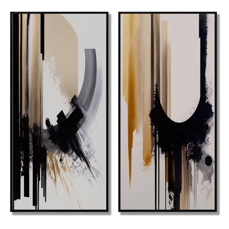 «Black, White and Gold Expression IV», 2 pièces sur toile, H 40 po x l 40 po, Cadre noir