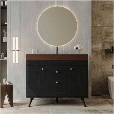 Meuble-lavabo autoportant moderne avec plateau en pierre frittée, lavabo en céramique et rangement intelligent