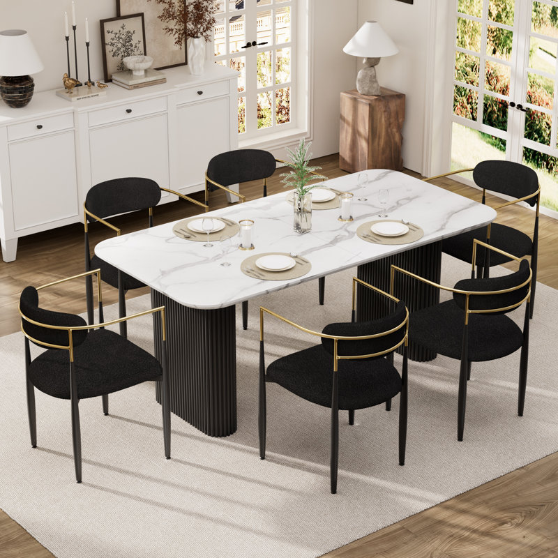 Ensemble de table de salle à manger Marble, Blanc, Noir, 5 pièces: table, 4 chaises