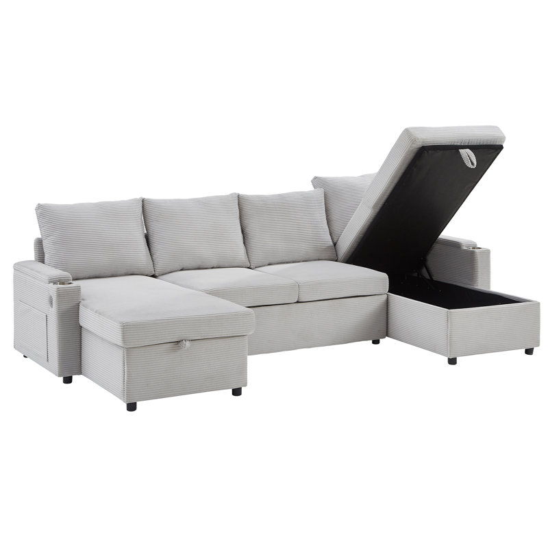 109.5" Sectional Sleeper Sofa With Pull Out Bed, U Shaped 5 Seater Modular Corduroy Sectional Sofa With 2 Storage Chaise Lounges,Cup Holders And USB Ports