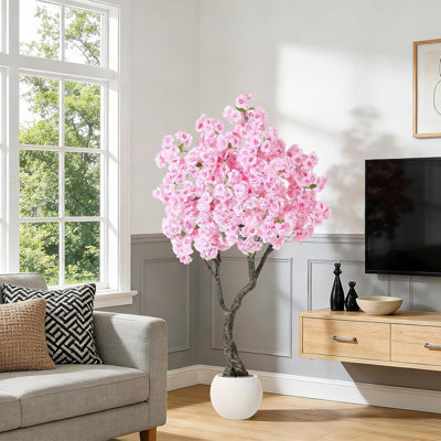 Arbre de fleurs de cerisier artificiel rose de 5 à 7 pi avec tronc réaliste, fleurs en soie et pot de chambre de bébé