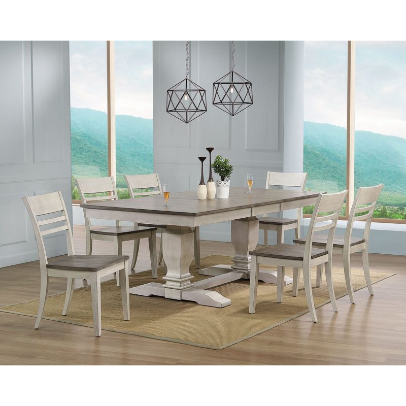  Conesha 7 -Piece Extendable Rectangle Double Pedestal Solid Wood Dining Set in White and Grey With 18" Takeout Leaf 
