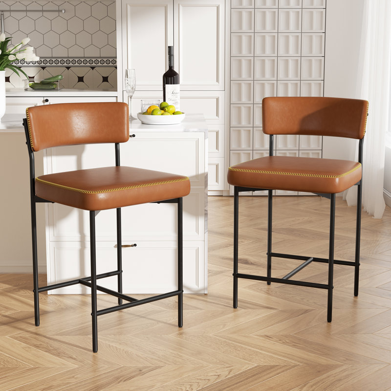 Modern Metal Frame Upholstered Faux Leather Dining Chair With Comfort Backrest, Caramel