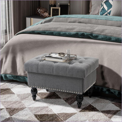 Ottoman with Storage, 25” Classic Tufted Slate Gray Living Room Footrest Seat | Wood | Black