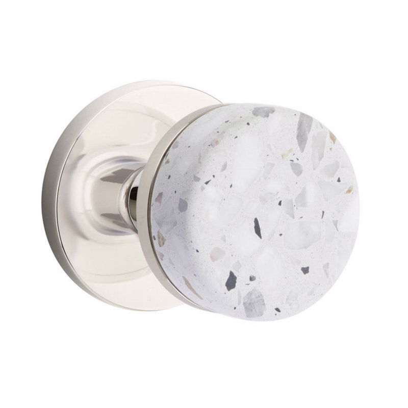 Ensemble de boutons de passage Emtek Select, rosette à disque, tige conique, bouton Terrazzo clair, Nickel poli