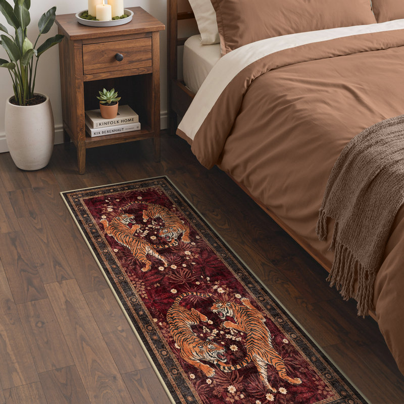 Tapis oriental rouge lavable à la machine avec envers antidérapant Gemini, Rouge / Gris, Tapis de couloir 2 pi x 6 pi