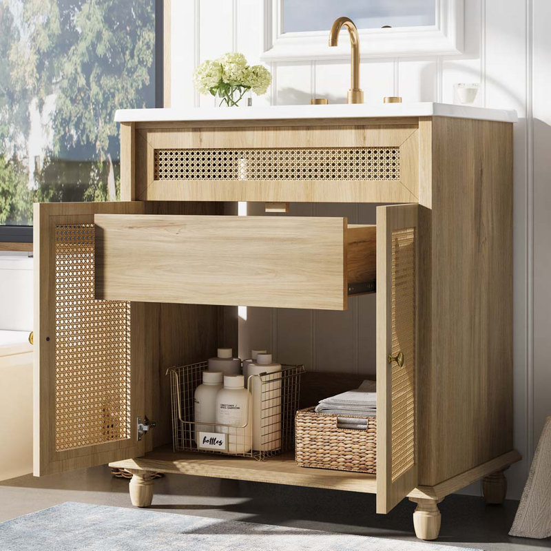 Meuble-lavabo en rotin tissé à la main avec lavabo en résine