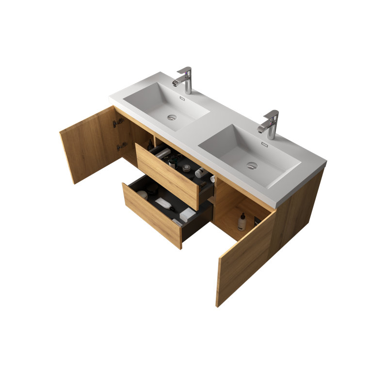 Meuble-lavabo mural double 60 po avec dessus en pierre blanc brillant, 2 tiroirs et 2 portes