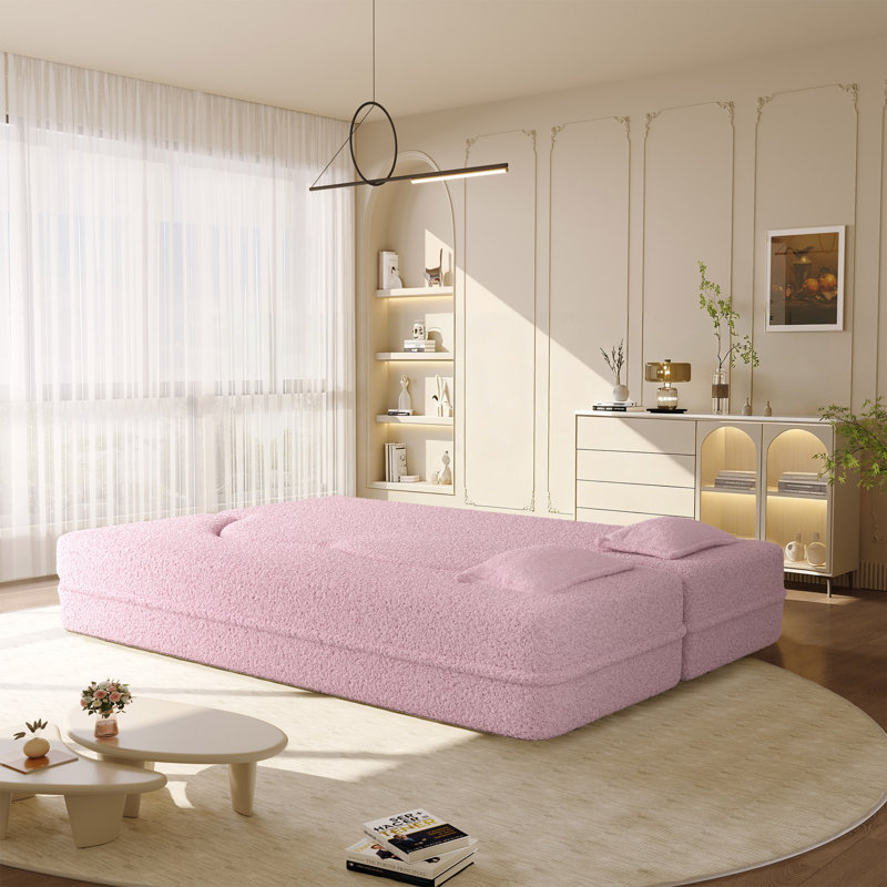 Evren Boneless Modern Minimalist Compression Convertible Floor Sofa Bed with Pillows, Teddy Baby Pink, 30" H x 78" W x 45" D