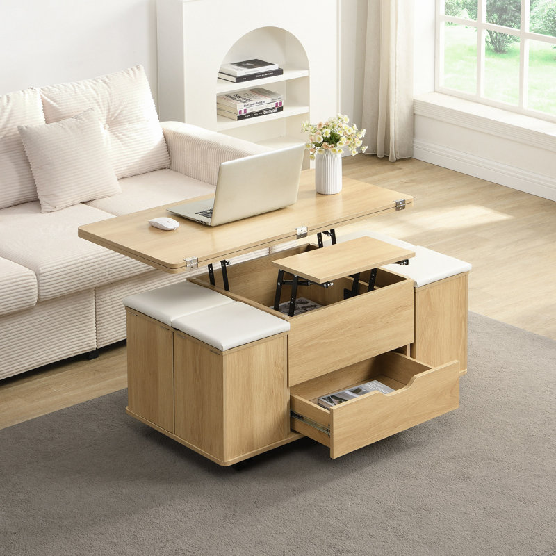 Table basse multifonctionnelle à plateau relevable avec rangement et tabourets cachés, table centrale moderne multifonctionnelle avec 4 tabourets et roulettes, parfaite pour les espaces de vie modernes - couleur naturelle et blanche