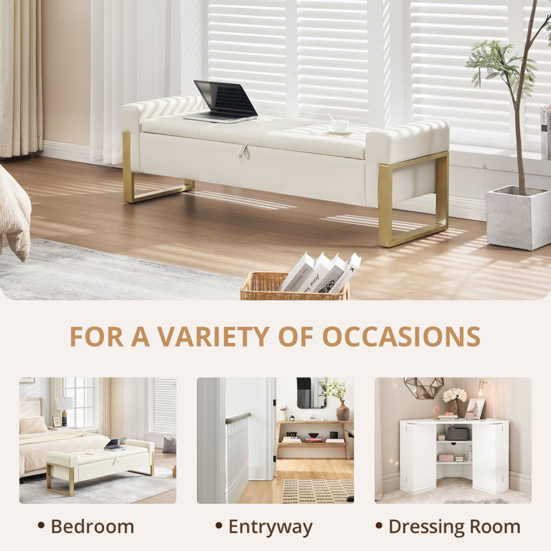 Banc de rangement rembourré avec pieds en métal, Beige