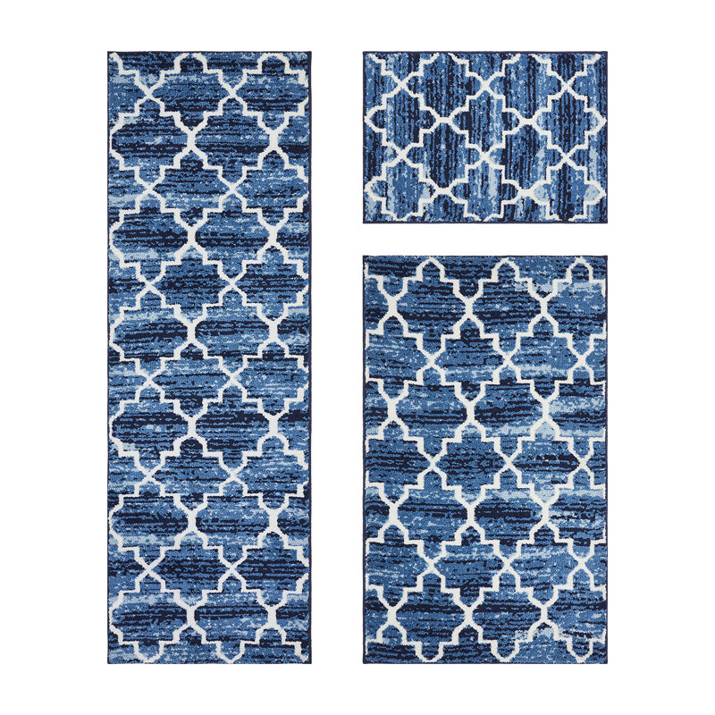 Ensemble de tapis de salle de bain 3 pièces à envers doux, absorbant et antidérapant Nolynn, Bleu