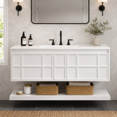Meuble-lavabo mural de 122 cm (48 po) avec 2 grands tiroirs et une tablette inférieure ouverte, meuble de rangement suspendu sans poignées en MDF, blanc