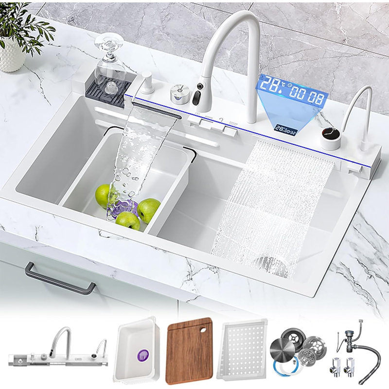 29.5 X 17.7 Inch Full Digital Display Embossed Stainless Steel Full Raindance Waterfall Kitchen Sink With Pressurized Cup Washer And Two Waterfalls