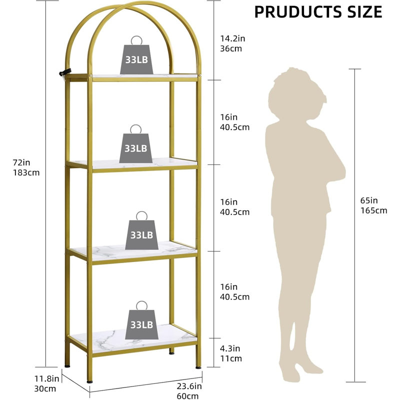 Présentoirs arqués pour bibliothèque, support de rangement autoportant avec structure en métal et tablettes en bois, Gold