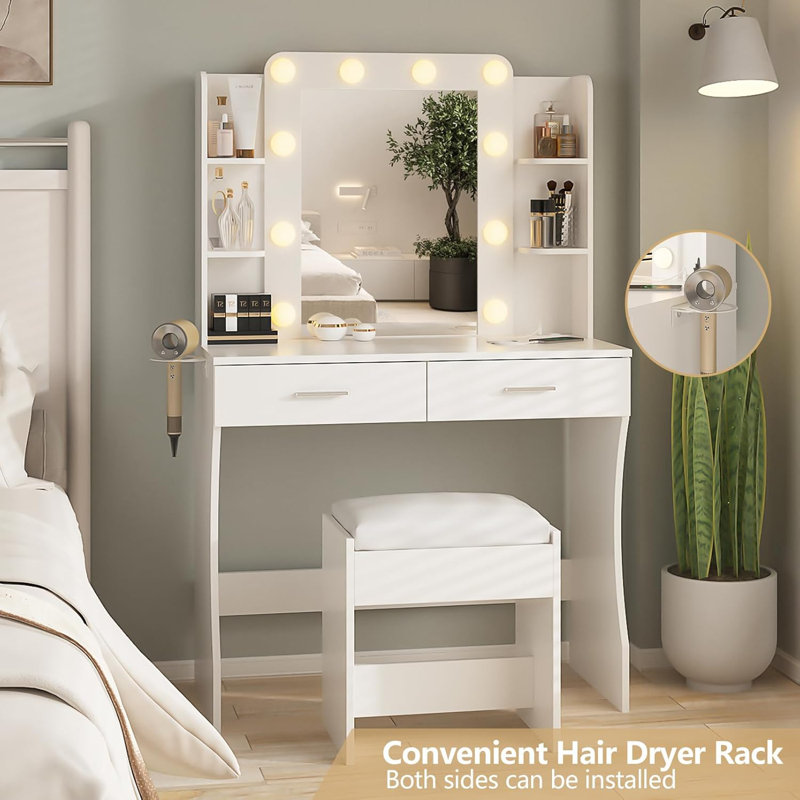 Bureau de coiffeuse avec lumières, coiffeuse de maquillage avec barre d'alimentation, ensemble de coiffeuse avec 2 grands tiroirs, miroir de coiffeuse 3 lumières de couleur réglables, blanc