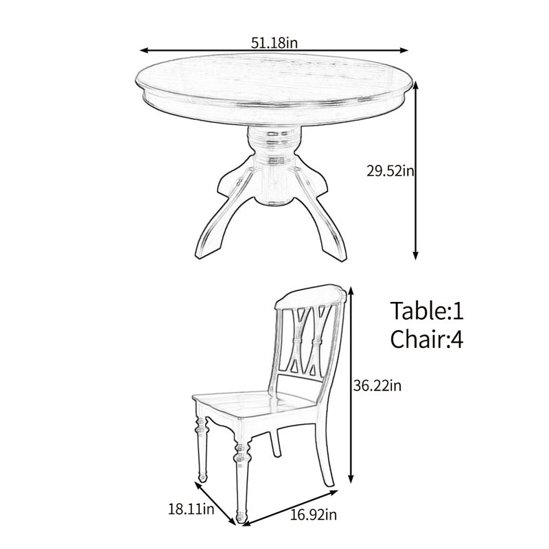 Solid wood round dining table set, 29.52"H x 51.18"L x 51.18"W