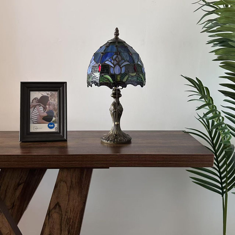 Tiffany Mini Table Lamp Blue Stained Glass Tulips LED Bulb Included 8"D*8"W*15"H