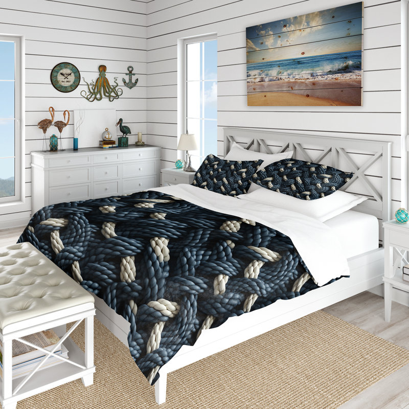 Literie Coastal Rope Motifs White And Blue I, Housse de couette pour grand lit et 2 taies décor