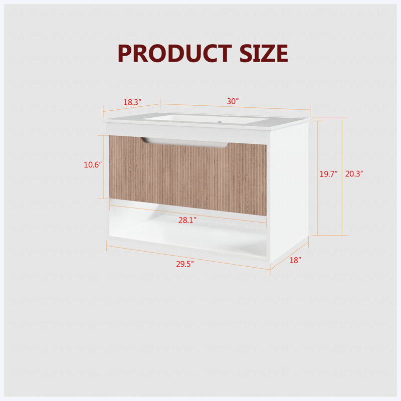 Meuble-lavabo mural flottant 30 po avec lavabo en céramique, tiroir à grain de bois cannelé et tablette ouverte, rangement à fermeture en douceur, blanc et chêne