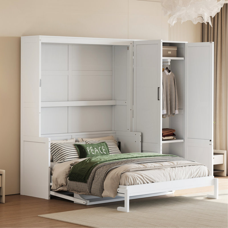 Grand lit escamotable mural avec placard, blanc