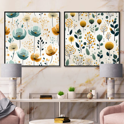 Ensemble de 2 collages carrés botaniques à motif floral minimaliste vert et jaune