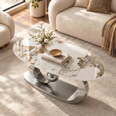 Luxury Modern Oval Coffee Table with Genuine Marble Top & Sculptural Silver Crescent Base