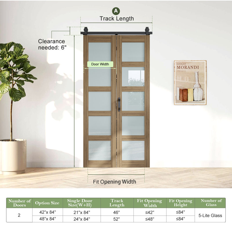 Porte de grange pliante 5 pièces en verre givré et en bois d'épinette massif avec quincaillerie - assemblage facile requis