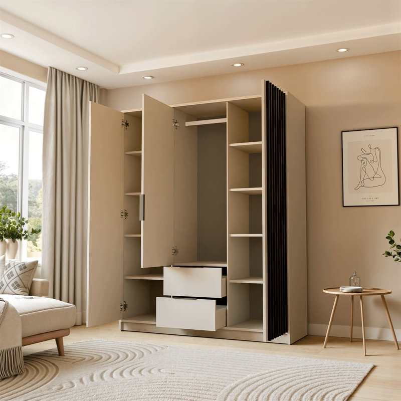 NELA Wardrobe with Slatted Fronts, 155 cm, mirror included