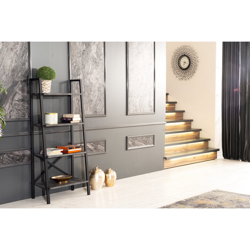Style Bookcase In Grey, 5 Tier Solid Wood With Metal Frame For Small Spaces Office Modern Grey Wood,, Gray