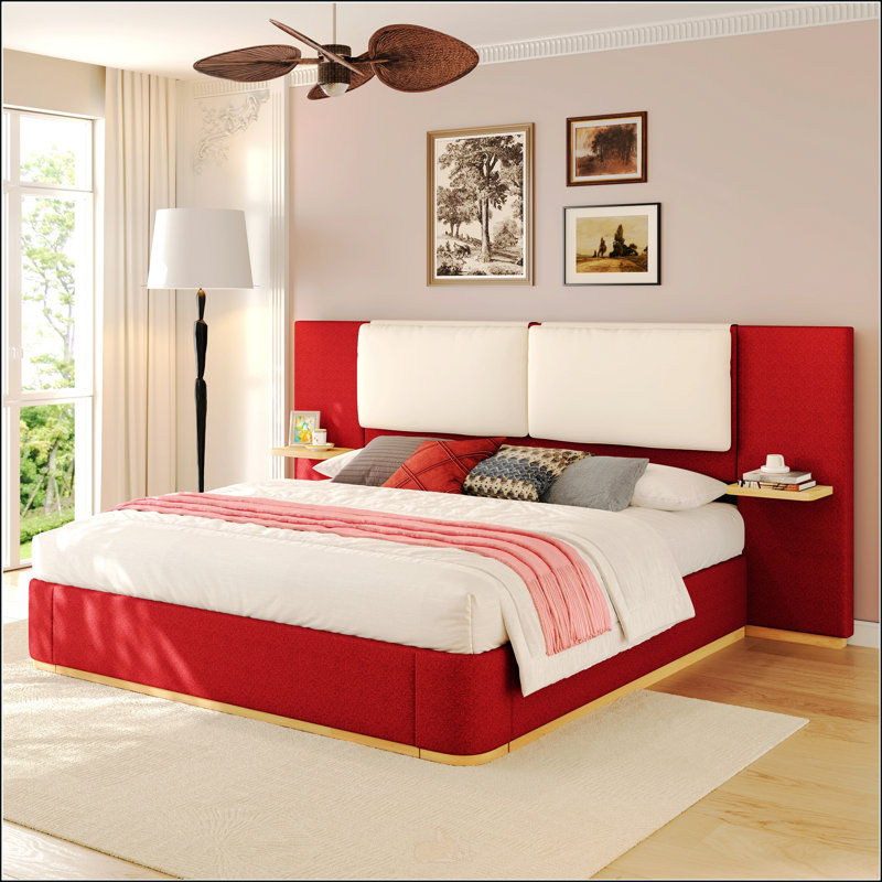 Grand lit plateforme tapissier avec panneau, Rouge, Grand lit