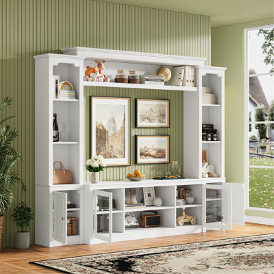 Meuble télé moderne avec bibliothèque pour téléviseur de 65 po ou moins, centre de divertissement avec 4 tablettes réglables, portes en verre trempé, armoire de rangement, grand meuble télé