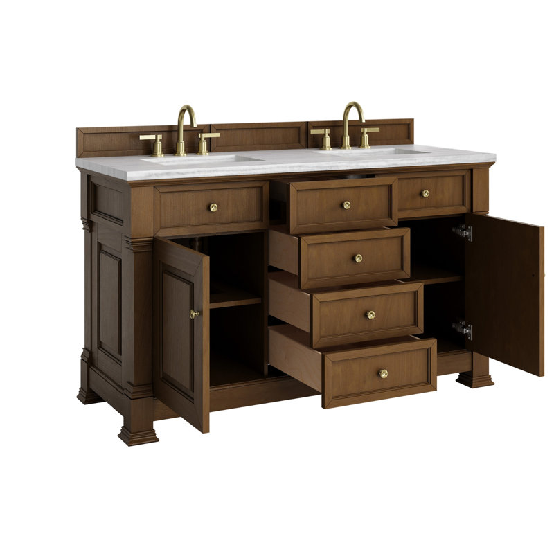 Brookfield 60'' W Double Vanity, Carrara White, Widespread, Honey Oak