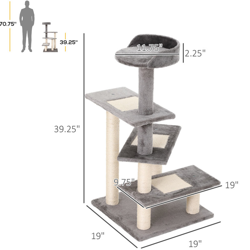 Arbre à chat 40 po gris avec escalier tournant à 5 niveaux, aire de jeu et perchoir de repos confortablement rembourré - Offrez un havre de paix aux chats
