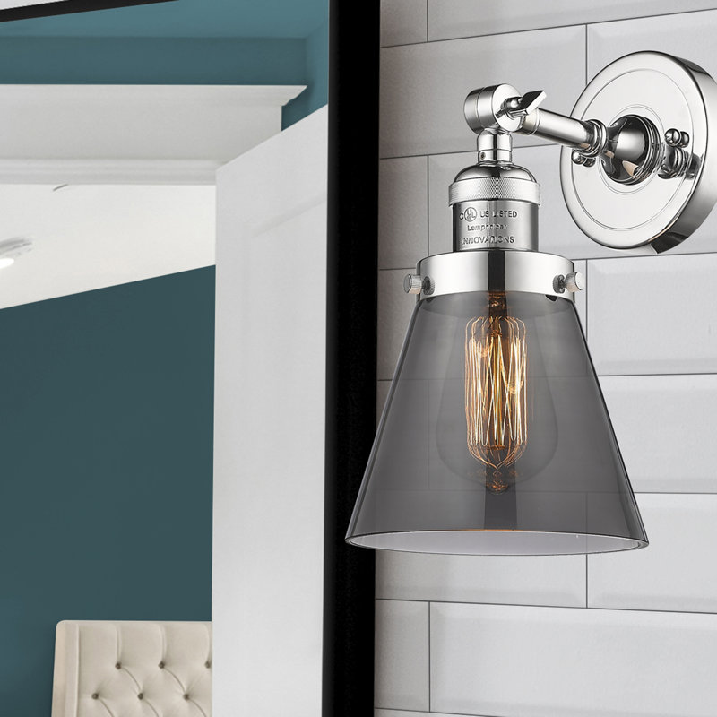 Cone 1 Light Sconce, 6 Watt Vinage LED Bulb, Smoked, Polished Chrome