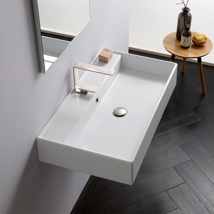 Teorema Glossy White Vitreous China Rectangular Wall Mount Bathroom Sink with Overflow Scarabeo by Nameeks Faucet 