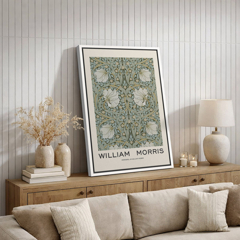 Oeuvre classique "William Morris - Illustration de fleur de pimpernel vert, images murales abstraites de salle de bain florales et botaniques, impression sur toile encadrée,"