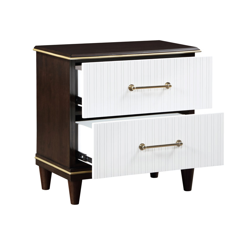 Table de chevet contemporaine avec bordure dorée et 2 tiroirs - Cerisier blanc moderne, avec garniture