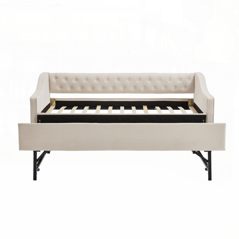 Upholstered Daybed with Trundle, USB Port, Side Pockets, and Velvet Finish for Modern Bedrooms and Guest Rooms, Beige