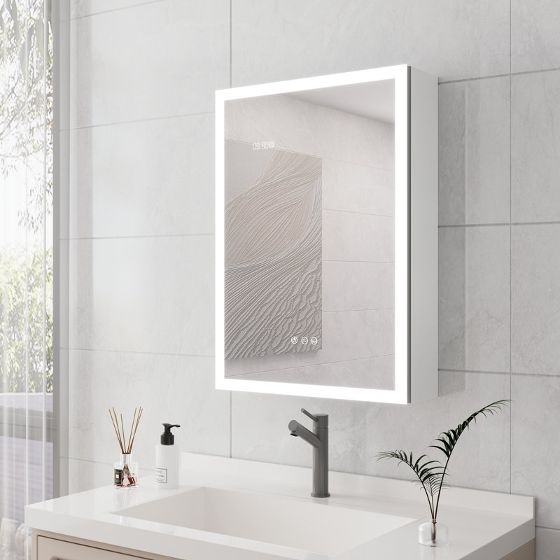 Armoire à pharmacie de salle de bain avec lumières, armoire à pharmacie DEL 28 po x 20 po avec miroir, armoire à pharmacie lumineuse avec désembueur, gradateur, horloge numérique et affichage de la température, montage en surface