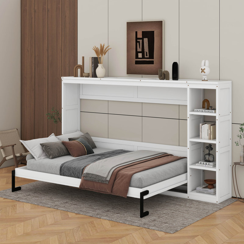 Full Murphy Bed With Bookshelf, White
