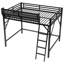 Grand lit mezzanine grand noir avec tablettes, structure en métal robuste et échelle