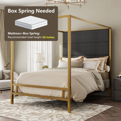 Canopy Bed with 76.5" Tall Linen Fabric Upholstered Headboard Metal 4-Poster Bed Frame, Box Spring Needed, Queen